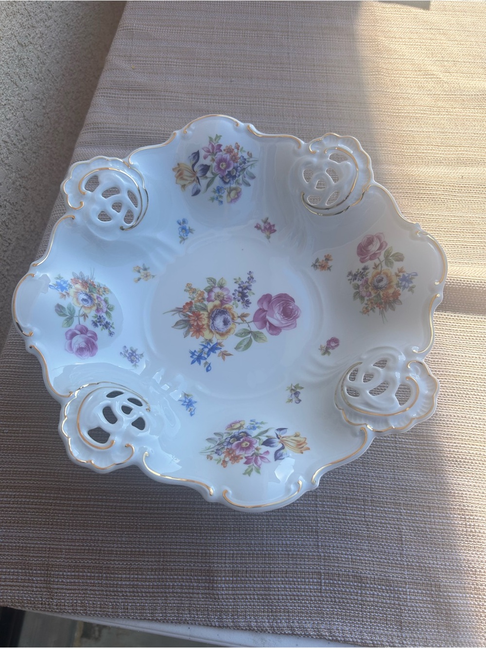 Weimar Echt Cobalt Decorative White Porcelain Floral Serving Bowl with Gold Trim